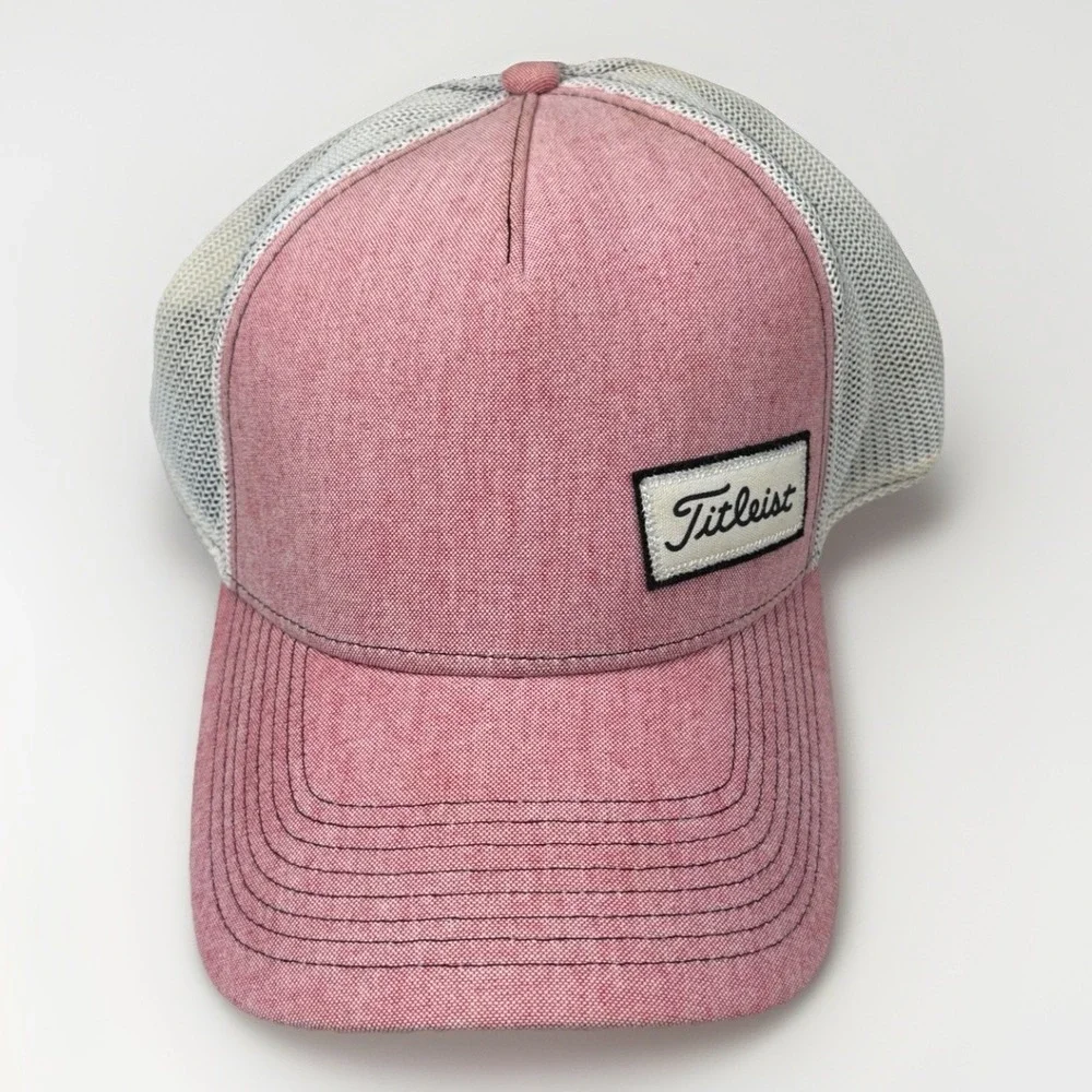 Titleist Golf Hat Mens L/XL Pink‎ White Mesh Back Trucker Stretch Fit Cap Logo